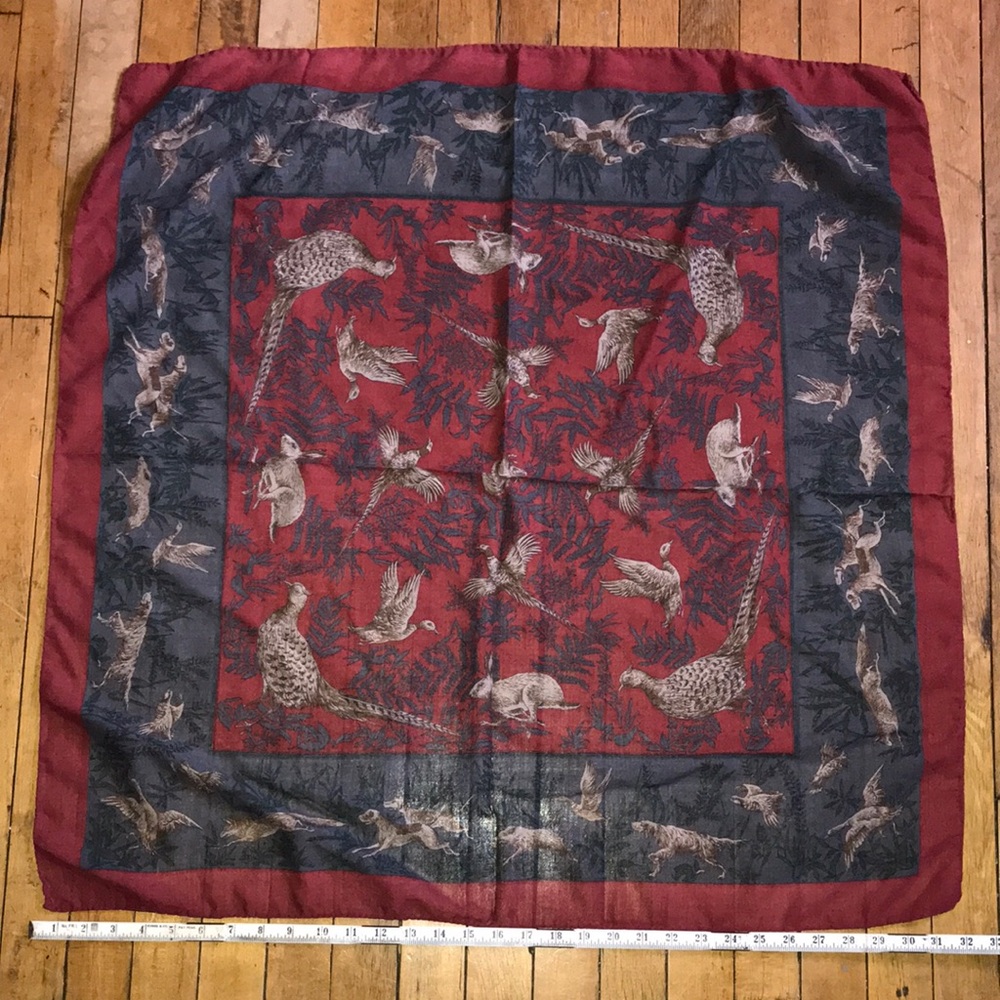 Pheasant Print Square Scarf in Red and Navy